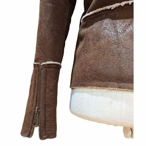 Prana Faux Suede Sherling Leather Sherpa Lining Dark Brown Zip Up Jacket Size XS - Picture 8 of 13